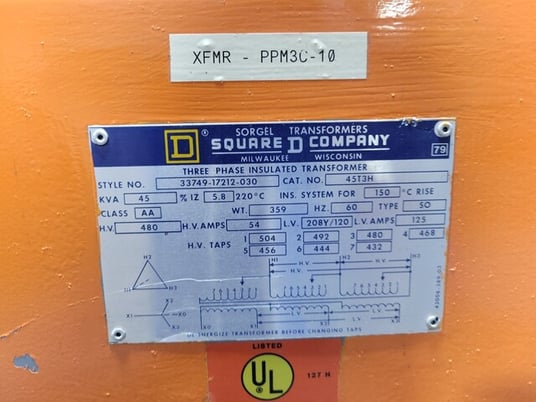 45 KVA 480 Primary, 208Y/120 Secondary, Sorgel Square D 45T3H Transformer - Image 8