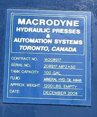 50 Ton, Macrodyne #MPZ-50, 4-post hydraulic press, 20" stroke, 36" daylight, 72" x 30" bed - Image 9
