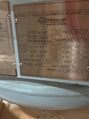 20 gallon Pfaudler, clamped top glass lined reactor, 150 psi internal, 125 psi jacket, unused, 2020 - Image 3