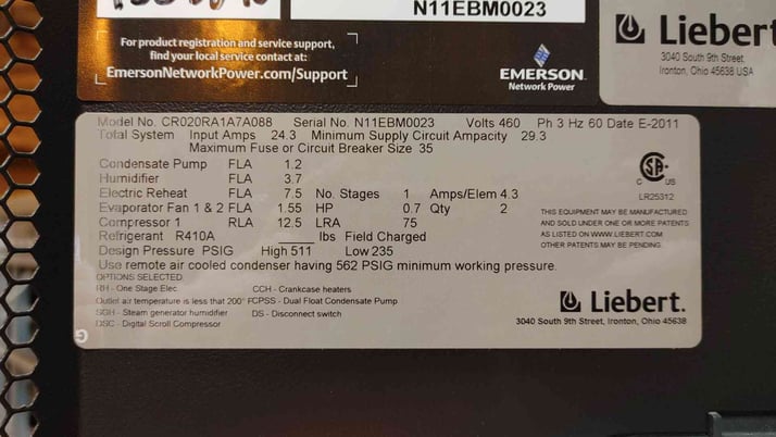 Liebert #CR020RA1A7A088, CRV Precision Cooling CRAC Unit, R410A, 1-Stage, 511/235 psig, 0.7 HP, 460 V, 2011 - Image 8
