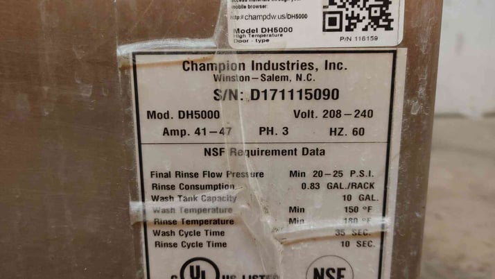 Champion Industries #DH5000, Dishwasher w/Sink Prep Set & Finish Table, 20-25 psi, 35 sec. Wash & 10 sec. - Image 10