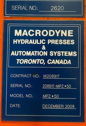 50 Ton, Macrodyne #MPZ-50, 4-post hydraulic press, 20" stroke, 36" daylight, 72" x 30" bed, 16" Shut Height - Image 9