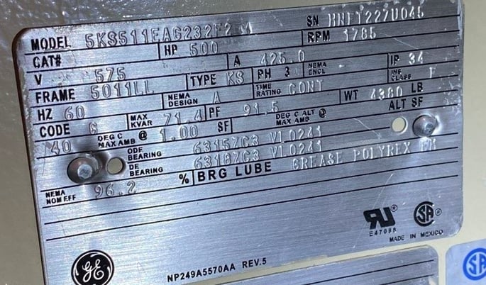 500 HP 1785 RPM General Electric, Frame 5011LL, weather protected enclosure type 2, 575 Volts, New surplus - Image 2