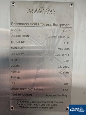 8.5" O' Hara LabCoat #BT, Coating Pan, Stainless Steel, spray gun w/ Watson Marlow peristaltic pump system - Image 2