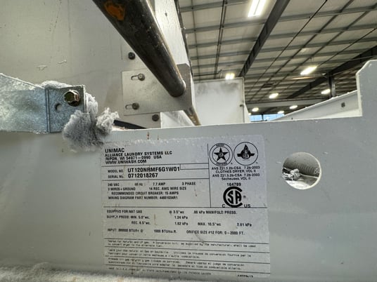 120 Lb. Unimac #UT120N, Natural Gas Heated Dryer, Reversing Cylinder, 300000 BTU/hr., 240 V, 2007 - Image 8