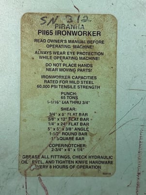 5" x 5" x 1/2" Piranha #PII-65, Ironworker, 65 ton, 11" x 38" platen surface, S/N 312, 2002, PII-65 - Image 8