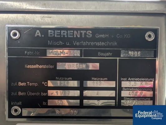 Becomix #RW30 Mixer Homogenizer, Stainless Steel, 30 Liter, jacketed for 4 bar(58 psi) at 152 c, top mounted - Image 6