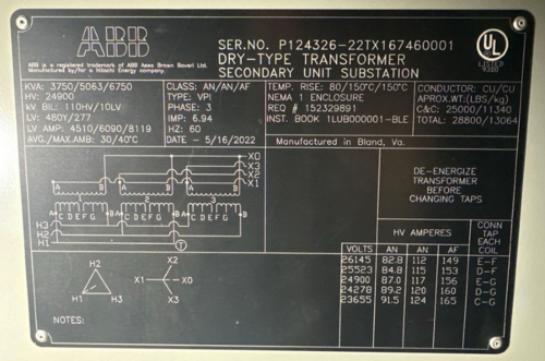 3750 KVA 24900 Primary, 480Y/277 Secondary, ABB Dry-Type Secondary Unit Substation Transformers, AN, 80°C - Image 1