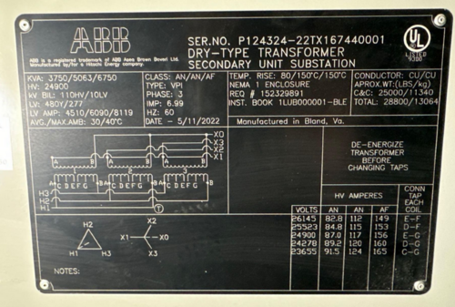 3750 KVA 24900 Primary, 480Y/277 Secondary, ABB Dry-Type Secondary Unit Substation Transformers, AN, 80°C - Image 2