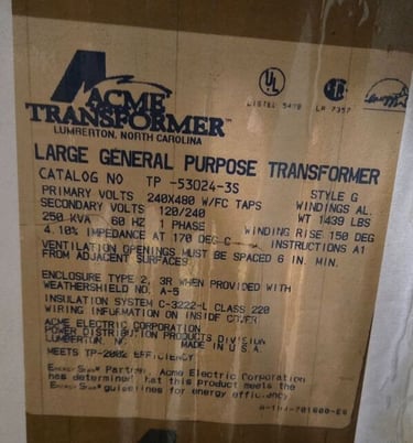 250 KVA 240x480 Primary, 120/240 Secondary, Acme Transformer TP-53024-3S - Image 5