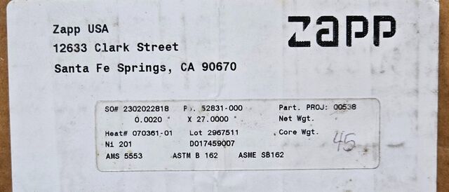 Zapp NI 201 / AMS 5553 / ASTM B 162 / ASME SB162, nickel foil sheet roll, .002"thickness, 27" width - Image 4