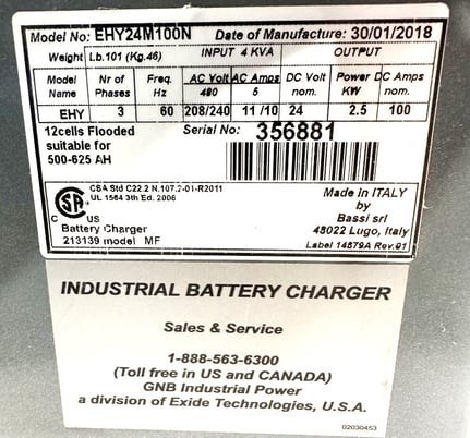 GNB Industrial #EHY24M100N, Battery Charger, 12 Cells, 3 Phase, 60 Hz, 2.5 kW, 100 Amps & 24 V DC, 11/10 Amps - Image 8