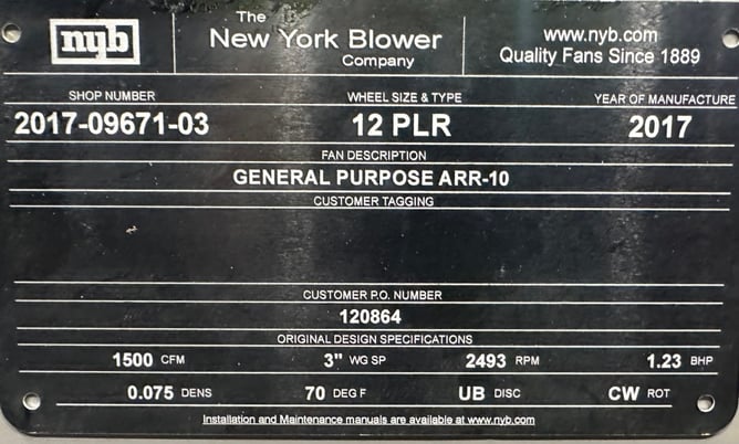 1500 cfm @ 3" S.P., New York Blower, General Purpose Fan, Size 12 PLR, Arr-10, 4.5" width Wheel, 13.5" Inlet - Image 9