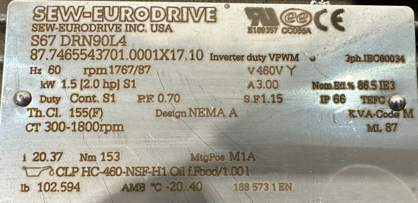 2 HP 300-1800 RPM Sew-Eurodrive #S67-DRN90L4, Inverter Duty Motor w/Gear Reducer, 20.37:1 Ratio, 3 Phase, 60 - Image 7