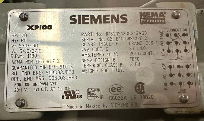 20 HP 1180 RPM Siemens, Electric Motor, VFD-Rated, Frame 286T, 3 Phase, 60 Hz, 54/27 Amps, 230/460 V - Image 5