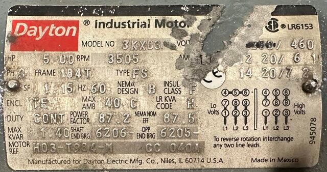 5 HP 3505 RPM Dayton #3KX03, Industrial Motor, Frame 184T, 6.1 Amps, 460 V - Image 5