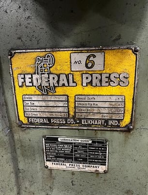 70 Ton, Federal #6, OBI press, 5" stroke, 13.5" throat, 13" die space, 3" ram, 45 SPM, air clutch & brake - Image 4