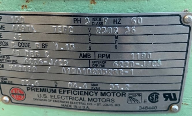 150 HP 1200 RPM U.S. Motors, Frame 449TL, TEFC, BB, 1.15 service factor, used, 2300 Volts - Image 1