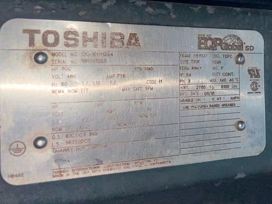 600 HP 1200 RPM Toshiba, Frame 5810UZ, TEFC BB, 460 Volts - Image 3