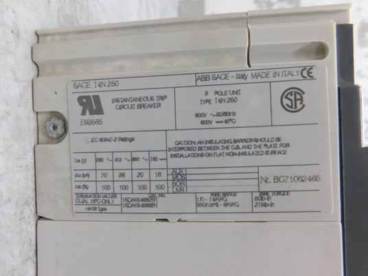 150 Amps, ABB Instantaneous Trip Circuit Breaker, SACE T4N 250, 3 Pole, 600 Volts, Used - Image 3