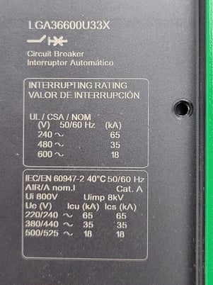 400 Amps, Square D, LGA36600U33X, PowerPact I-Line Circuit Breaker 600 Volts, 3P, 3PH - Image 3