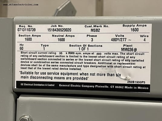 1600 Amps, General Electric #Spectra, 480Y/277 Volts - Image 7