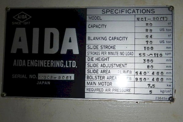 88 Ton, Aida, gap frame press, 3.93" stroke, 11.8" Shut Height, 3.14" adjustment, 55-110 SPM, 10 HP - Image 8
