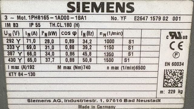 50 HP 1500 RPM Siemens 1PH8165-1AD00-1BA1, 37.7kW, 3ph, IP55 - Image 2