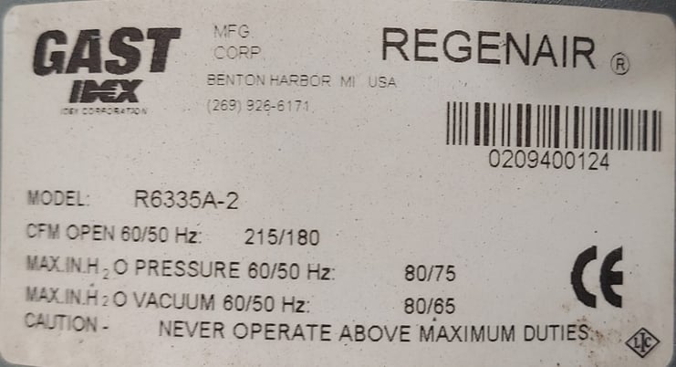 215 cfm, Gast Regenair #R6335A-2, blower, 3.5 HP, 3450 RPM, 2-1/2" ID inlet/outlet - Image 9