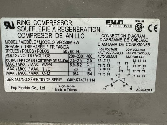 154 cfm, Fuji #VFC500A-7W, ring compressor vacuum blower, 2.5 HP, 2" inlet/outlet - Image 5