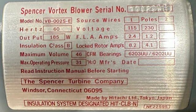 46 cfm, Spencer #VB-002S-E, Vortex blower, 31" H20 pressure, 2-pole, unused - Image 4