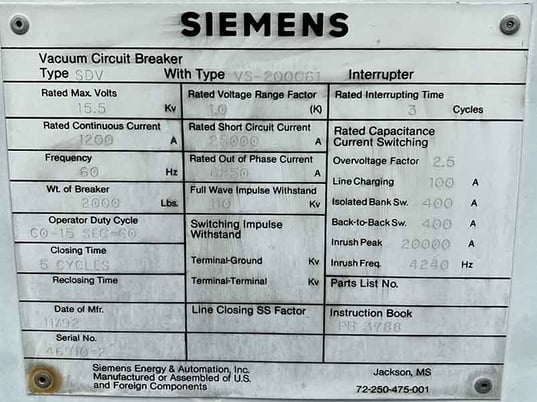1200 Amp, SIEMENS, No. SDV, 15500 Volts, 125 CLOSE & TRIP, 240AC/250DC MOTOR - Image 2