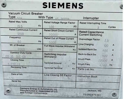 1200 Amp, SIEMENS, No. SDV, 15500 Volts, 125 CLOSE & TRIP, 240AC/250DC MOTOR - Image 2