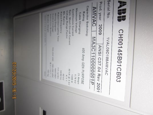 1200 Amp, ABB, AMVAC, 4160 Volts, 2009, ELECTRICALLY OPERATED, UNUSED:1 - Image 2