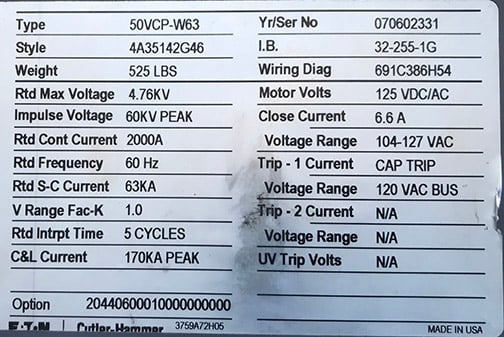 2000 Amp, EATON, 50VCP-W63, 4760 Volts, 2007, 120 CLSE & CAP TRP, 125 VDC/AC MOTOR - Image 2