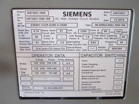 1200 Amp, SIEMENS, 05-GMSG-0063-1200-164, 4760 Volts, 2010, 125 VDC CL/TR/MOT - Image 2