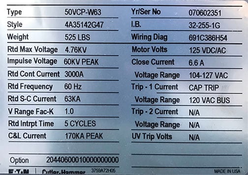 3000 Amp, EATON, 50VCP-W63, 4760 Volts, 120 VAC CLSE & CAP TRP, 125 VDC/AC MOTOR - Image 3