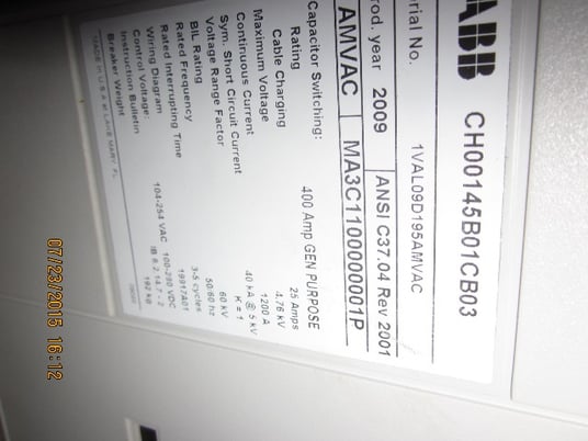 1200 Amp, ABB, AMVAC, 4160 Volts, 2009, ELECTRICALLY OPERATED, UNUSED:1 - Image 2