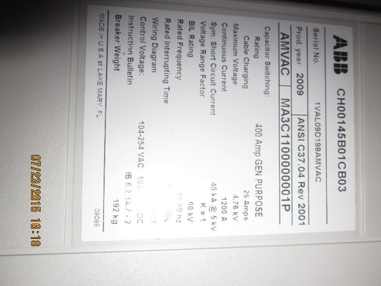1200 Amp, ABB, AMVAC, 4760 Volts, 2009, ELECTRICALLY OPERATED, UNUSED:1 - Image 2