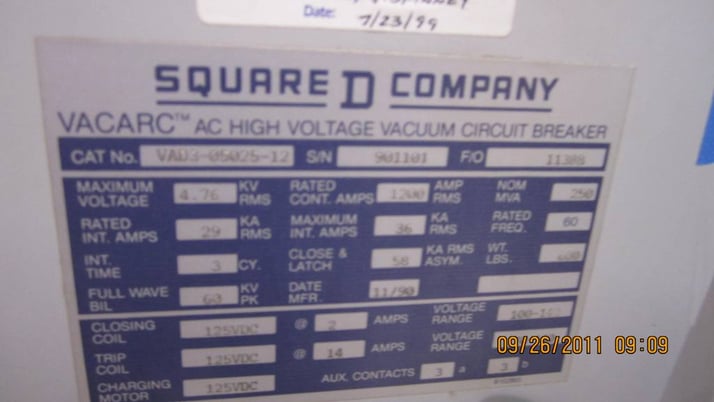 1200 Amp, SQUARE D, VAD3-05025-12, 4760 V, electrically operated, drawout, 125 VDC CLOSE/TRIP - Image 2