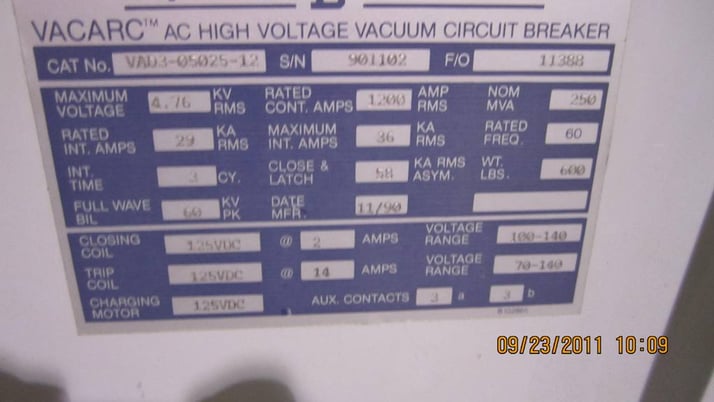 1200 Amp, SQUARE D, VAD3-05025-12, 4760 V, electrically operated, drawout, 125 VDC CLOSE/TRIP - Image 2