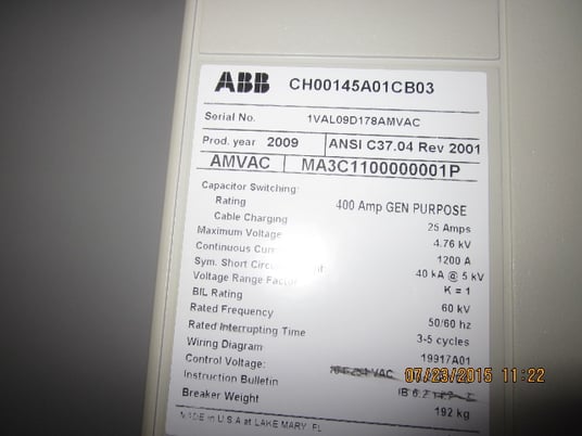 1200 Amp, ABB, AMVAC, 4160 Volts, 2009, 125 VDC CLOSE & TRIP, UNUSED:1 - Image 2