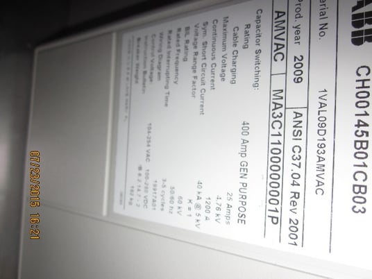 1200 Amp, ABB, AMVAC, 4160 Volts, 2009, ELECTRICALLY OPERATED, UNUSED:1 - Image 2