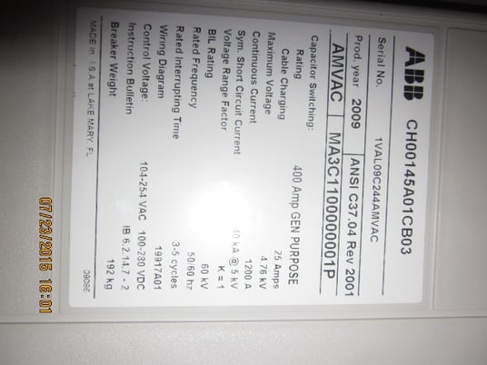 1200 Amp, ABB, AMVAC, 4160 Volts, 2009, ELECTRICALLY OPERATED, UNUSED:1 - Image 2