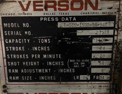 1500 Ton, Verson #T-SE2-1500-96-54, Transmat straight side double crank press, 24" stroke, 54" Shut Height - Image 5
