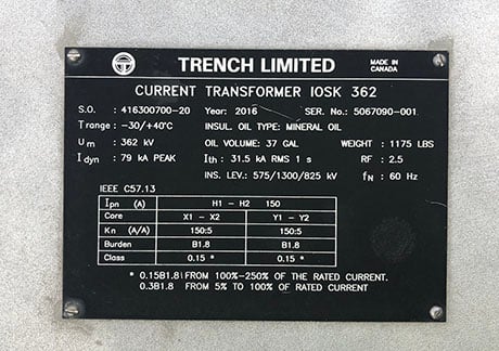 362 kV 362000 V, TRENCH LIMITED CURRENT TRANSFORMERS, TYPE IOSK362, 150:5 - Image 1