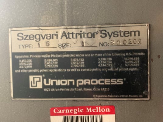 Union Process #1S, Attritor, Stainless Steel Jacketed Bowl, 2 HP, 230/460 V - Image 2