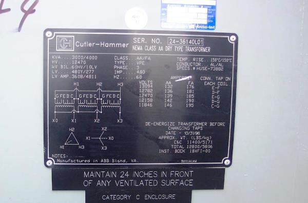 3000 KVA 12470 Primary, 480/277 Secondary, Cutler-Hammer, dry, AA/FA, taps, AEDT369 - Image 2