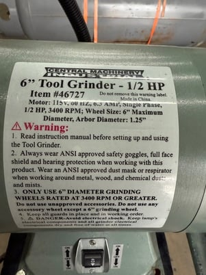 Central Machinery #46727, Tool Grinder, 0.5 HP, 115 V., 3400 RPm, 6" wheel max, arbor 1.25" diameter - Image 5