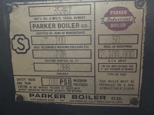 50 HP Parker #50, Steam Boiler, 100 psi, 278 sq.ft. 2,100,000 BTU/H, 1988 - Image 3